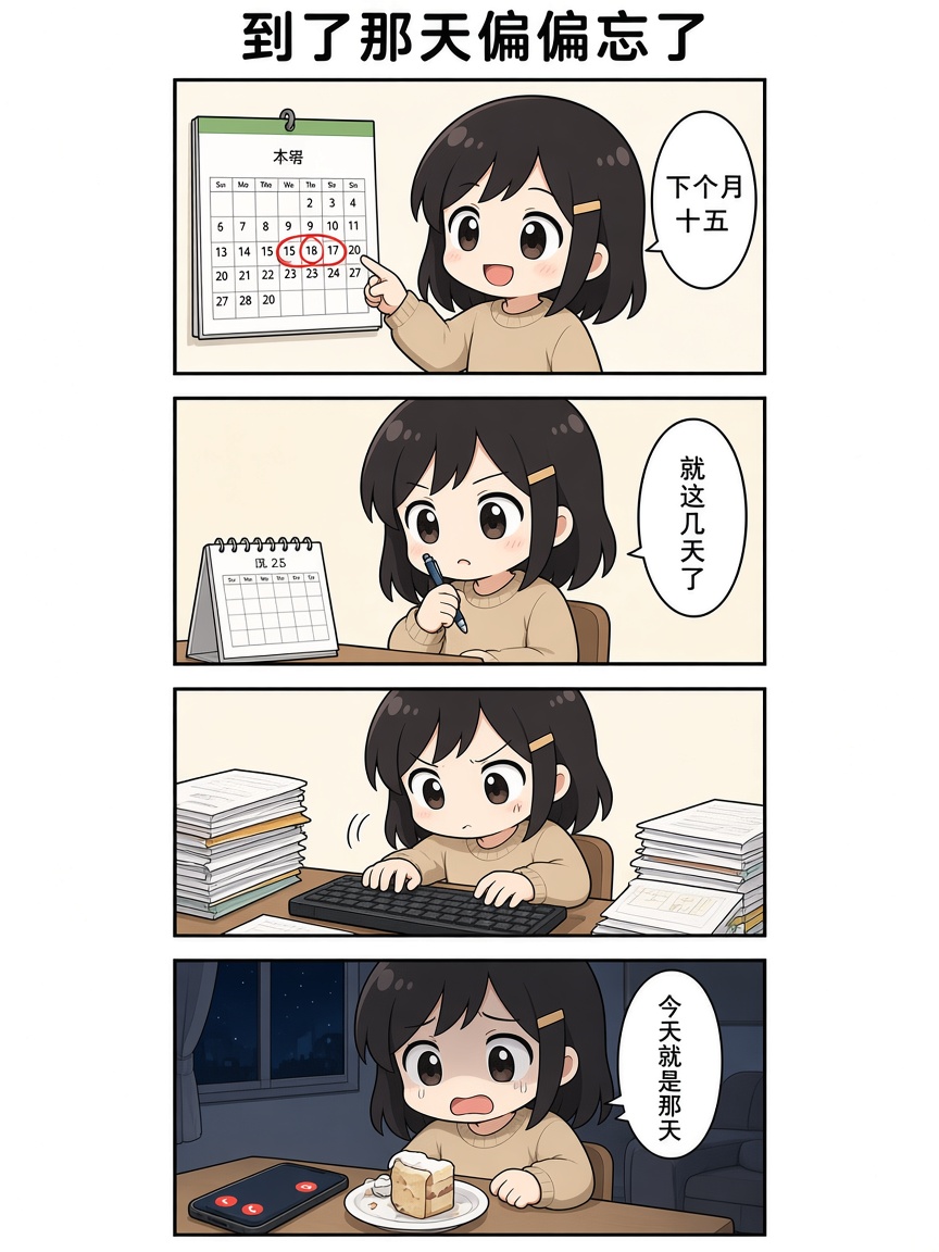 四格漫画：下个月还记得，前几天也记得，到了当天却忘了，日子错过了