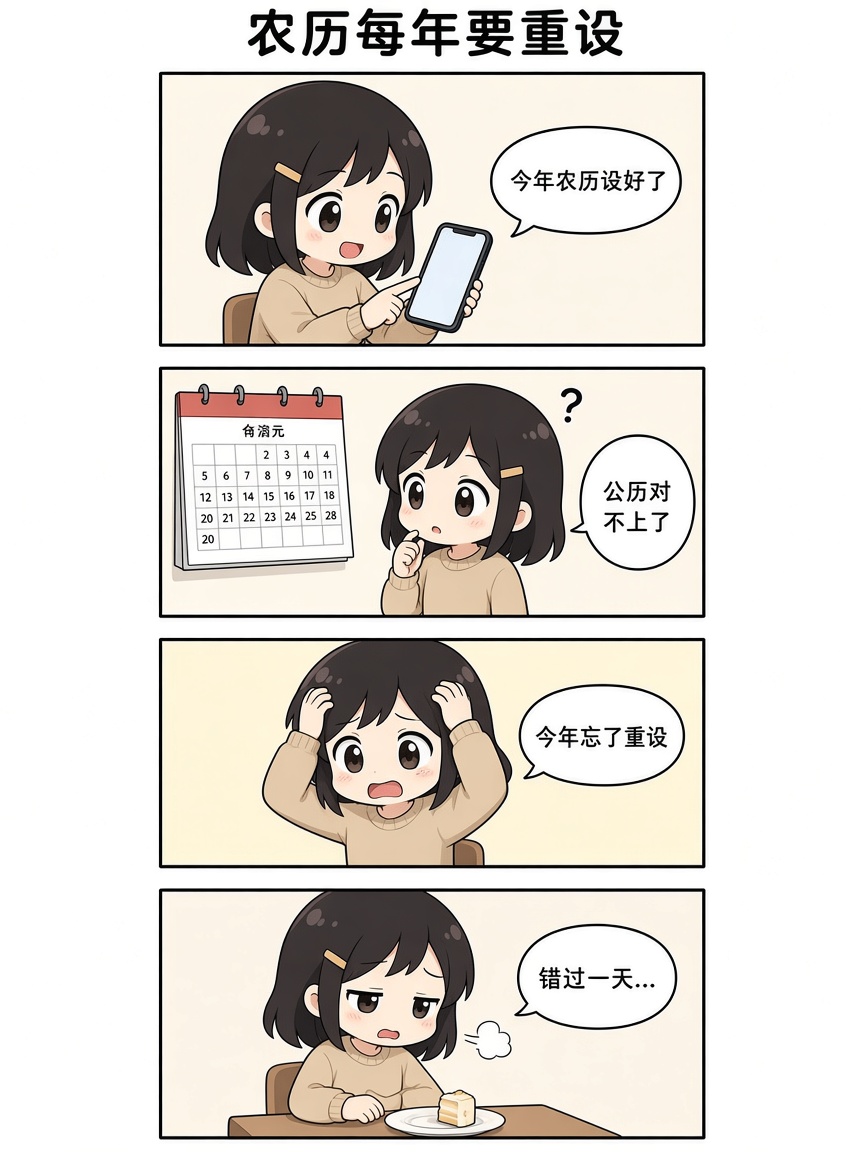 四格漫画：农历生日今年设了提醒，转年公历对不上，忘了重设就不响，于是错过